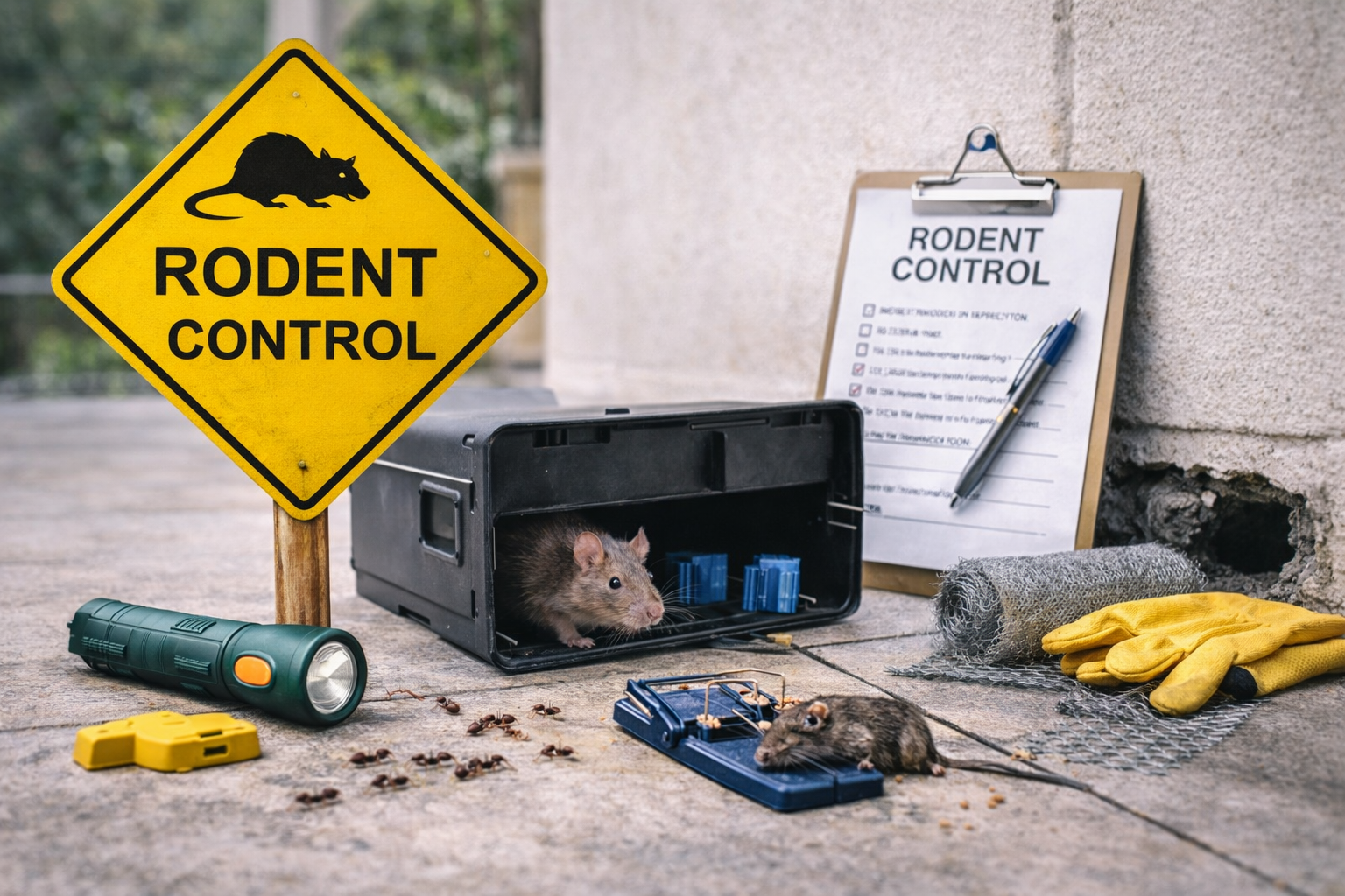 Outdoor rodent control station and inspection equipment